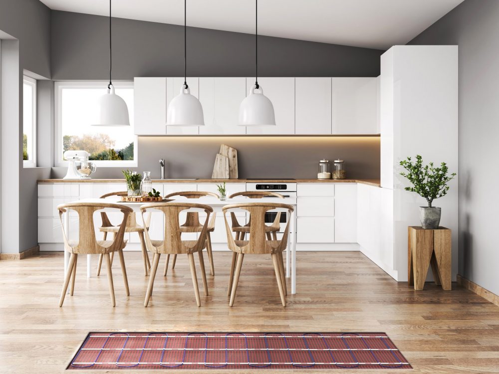 Interior with kitchen and dining room using an underfloor heating mat, Warmup's StickyMat.